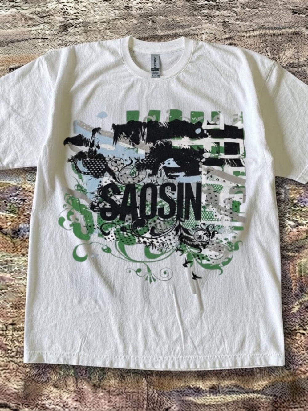 Gildan White Saosin Graphic Tee with Black and Green Print